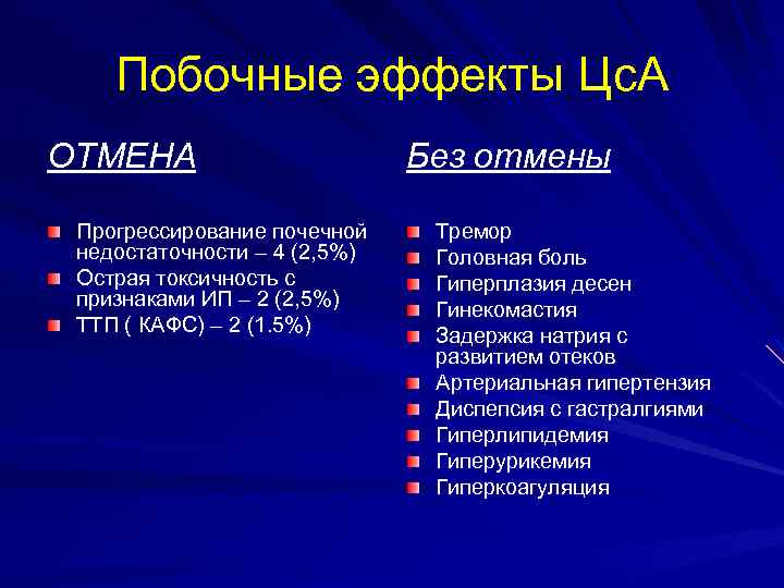 Побочные эффекты Цс. А ОТМЕНА Прогрессирование почечной недостаточности – 4 (2, 5%) Острая токсичность