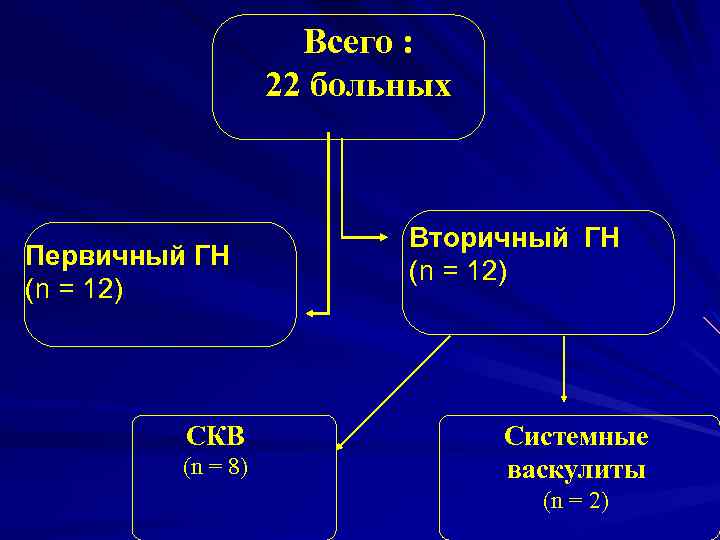 Всего : 22 больных Первичный ГН (n = 1 2 ) СКВ (n =