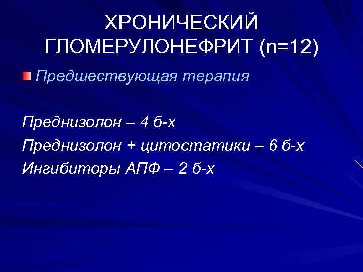 ХРОНИЧЕСКИЙ ГЛОМЕРУЛОНЕФРИТ (n=12) Предшествующая терапия Преднизолон – 4 б-х Преднизолон + цитостатики – 6