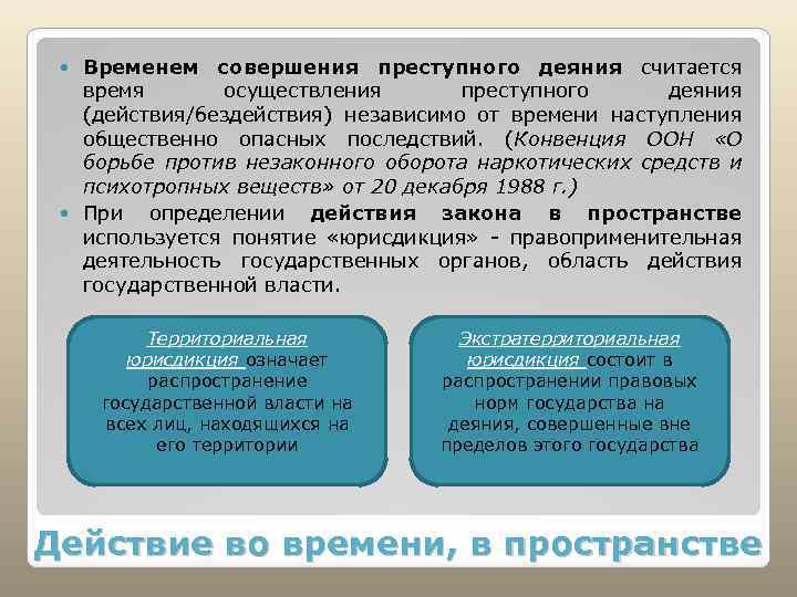 Временем совершения преступного деяния считается время осуществления преступного деяния (действия/бездействия) независимо от времени наступления