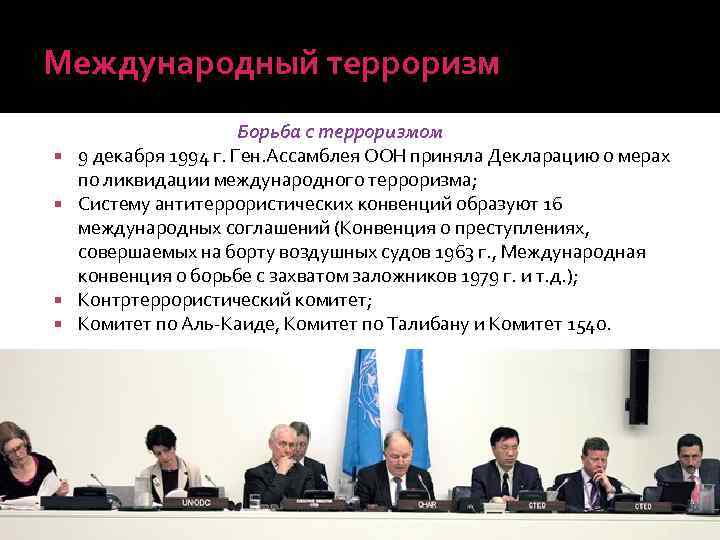 Международный терроризм Борьба с терроризмом 9 декабря 1994 г. Ген. Ассамблея ООН приняла Декларацию