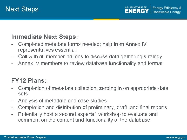 Next Steps Immediate Next Steps: - Completed metadata forms needed; help from Annex IV