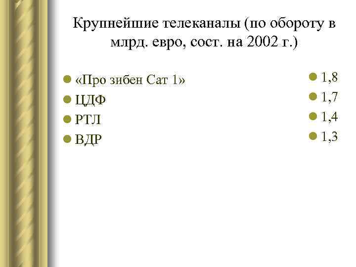 Крупнейшие телеканалы (по обороту в млрд. евро, сост. на 2002 г. ) l «Про