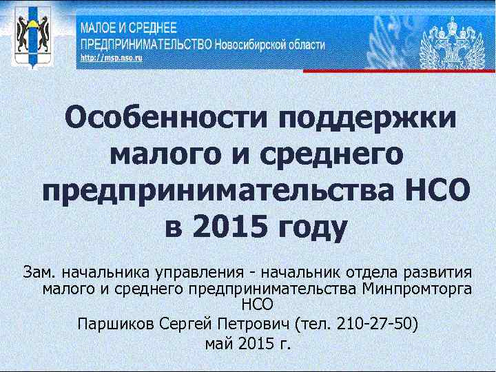 Особенности поддержки малого и среднего предпринимательства НСО в 2015 году Зам. начальника управления -