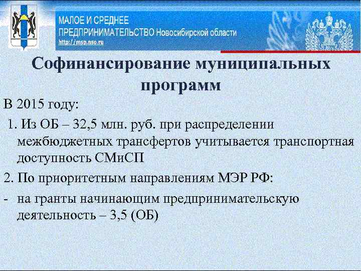 Софинансирование муниципальных программ В 2015 году: 1. Из ОБ – 32, 5 млн. руб.