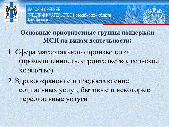 Основные приоритетные группы поддержки МСП по видам деятельности: 1. Сфера материального производства (промышленность, строительство,