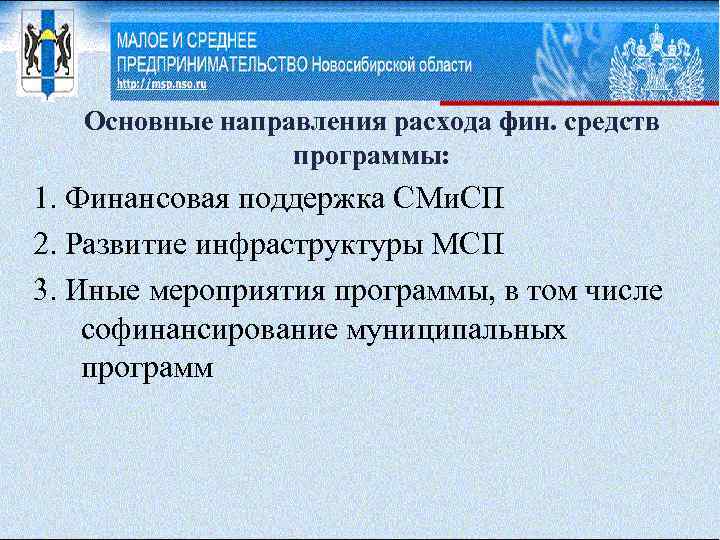 Основные направления расхода фин. средств программы: 1. Финансовая поддержка СМи. СП 2. Развитие инфраструктуры