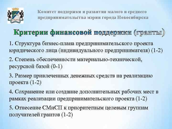 Комитет поддержки и развития малого и среднего предпринимательства мэрии города Новосибирска 1. Структура бизнес-плана