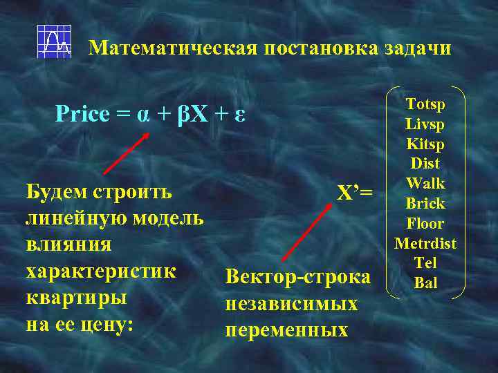 Математическая постановка задачи Price = α + βX + ε Будем строить X’= линейную