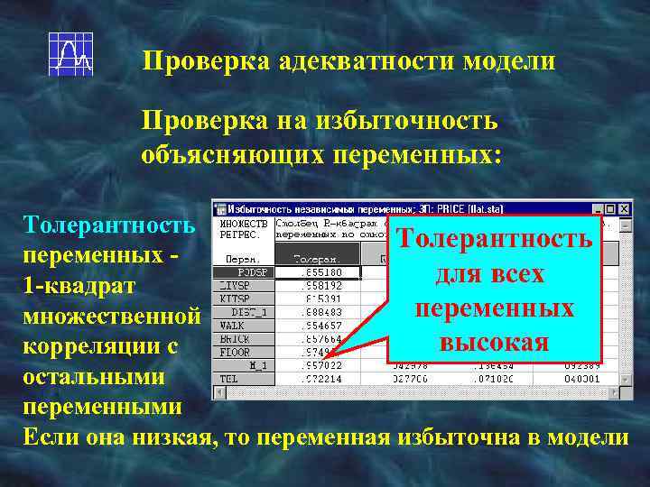 Проверка адекватности модели Проверка на избыточность объясняющих переменных: Толерантность переменных для всех 1 -квадрат