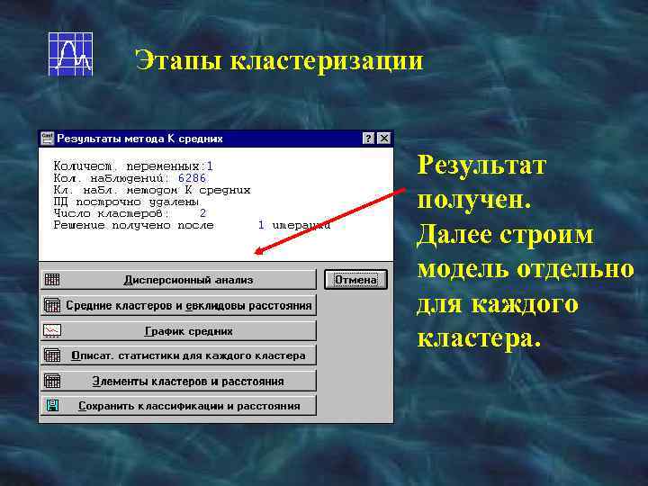 Этапы кластеризации Результат получен. Далее строим модель отдельно для каждого кластера. 