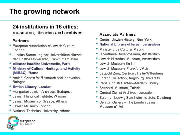 The growing network 24 institutions in 16 cities: museums, libraries and archives Partners •