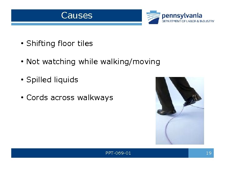 Causes • Shifting floor tiles • Not watching while walking/moving • Spilled liquids •