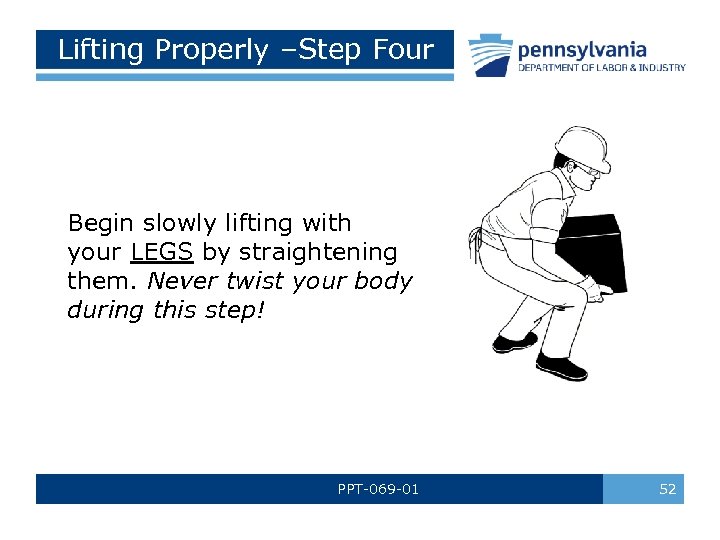 Lifting Properly –Step Four Begin slowly lifting with your LEGS by straightening them. Never