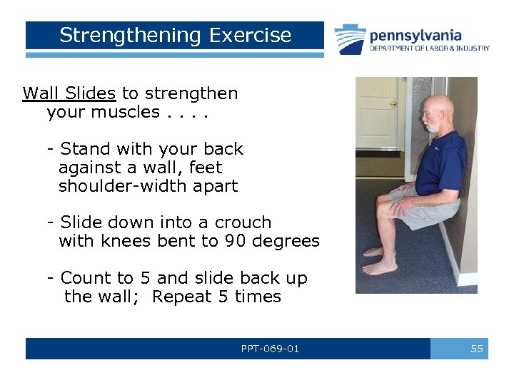 Strengthening Exercise Wall Slides to strengthen your muscles. . - Stand with your back