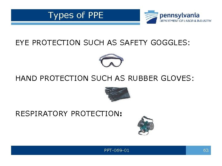 Types of PPE EYE PROTECTION SUCH AS SAFETY GOGGLES: HAND PROTECTION SUCH AS RUBBER