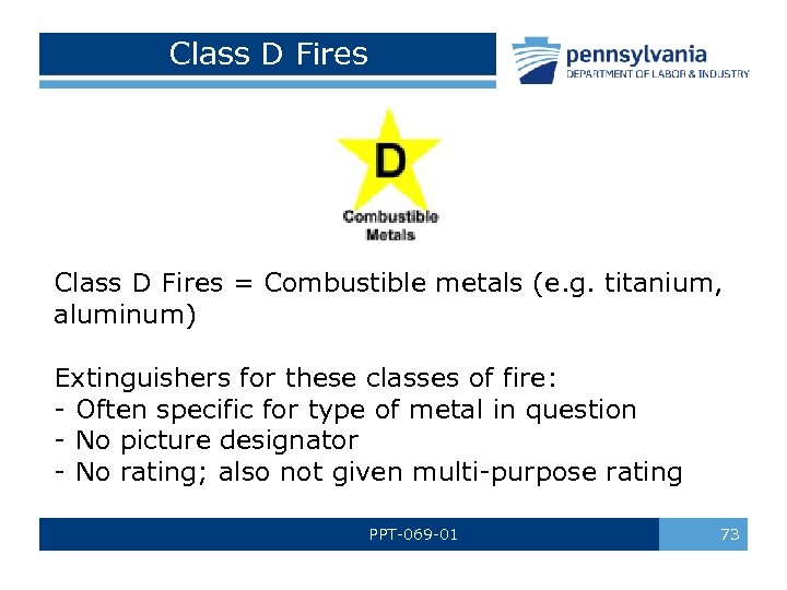 Class D Fires = Combustible metals (e. g. titanium, aluminum) Extinguishers for these classes