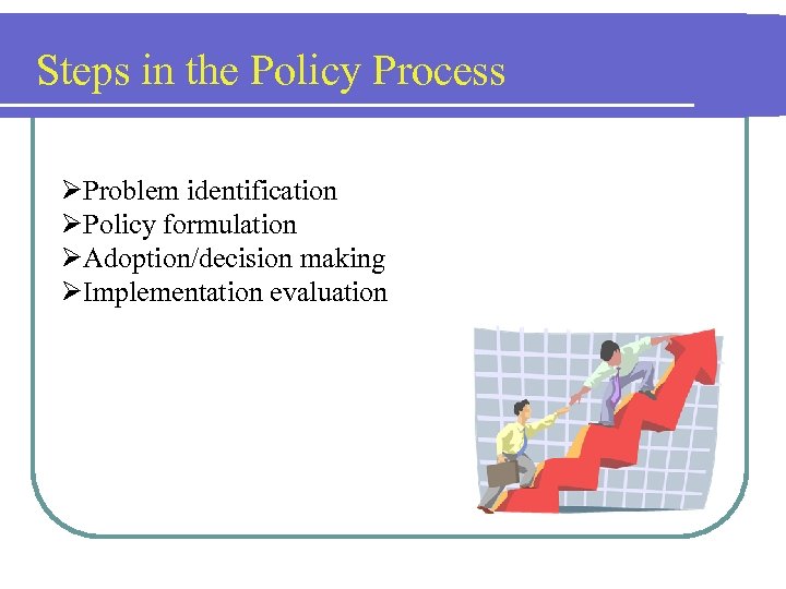 Steps in the Policy Process ØProblem identification ØPolicy formulation ØAdoption/decision making ØImplementation evaluation 