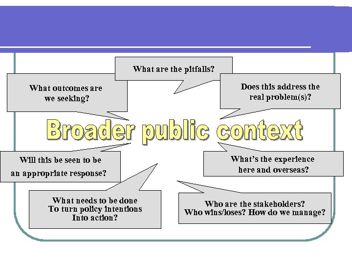 What are the pitfalls? What outcomes are we seeking? Will this be seen to