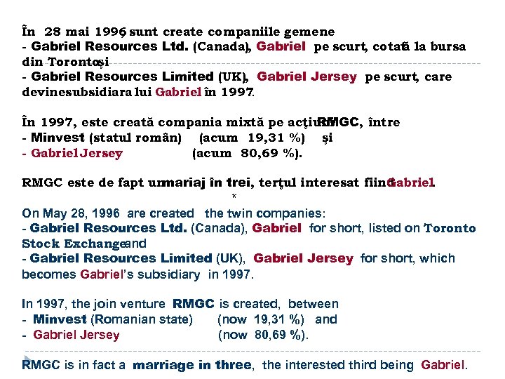 În 28 mai 1996 sunt create companiile gemene , : - Gabriel Resources Ltd.