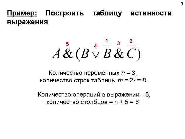 5 Пример: Построить таблицу истинности выражения 5 4 1 3 2 Количество переменных n