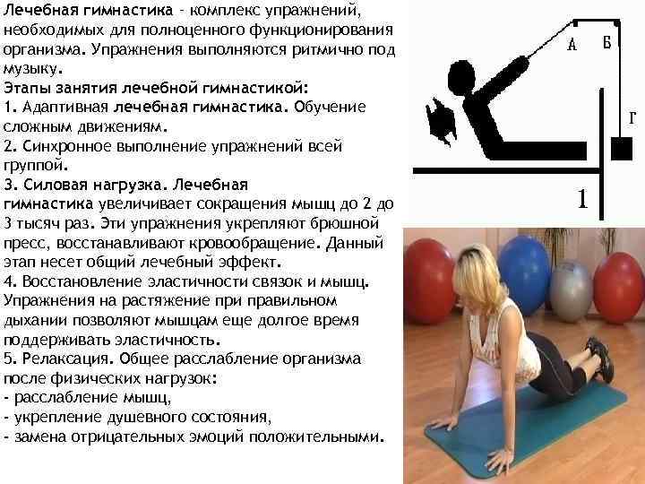 Лечебная гимнастика – комплекс упражнений, необходимых для полноценного функционирования организма. Упражнения выполняются ритмично под