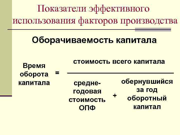 Показатели эффективного использования факторов производства Оборачиваемость капитала Время оборота = капитала стоимость всего капитала