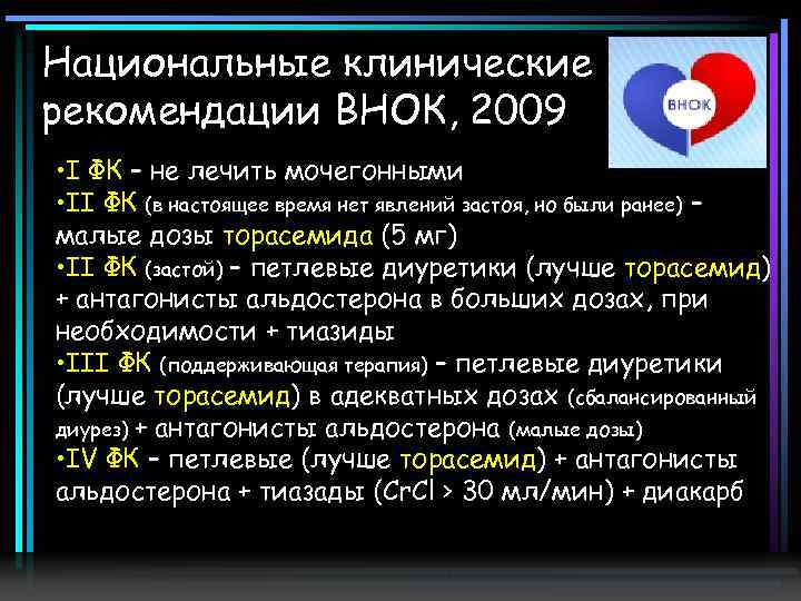 Национальные клинические рекомендации ВНОК, 2009 • I ФК – не лечить мочегонными • II