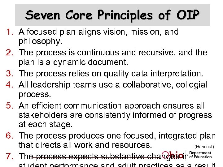 Seven Core Principles of OIP 1. A focused plan aligns vision, mission, and philosophy.