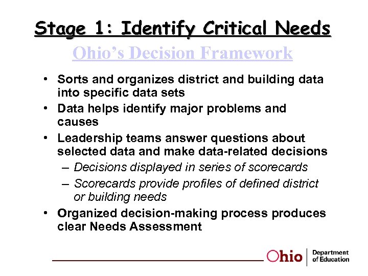Stage 1: Identify Critical Needs Ohio’s Decision Framework • Sorts and organizes district and