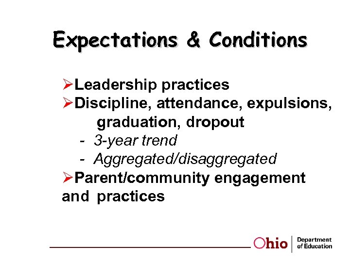Expectations & Conditions ØLeadership practices ØDiscipline, attendance, expulsions, graduation, dropout - 3 -year trend