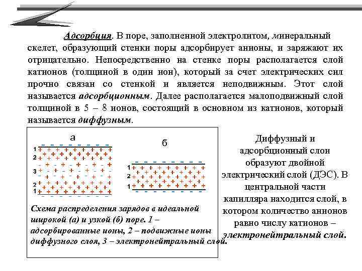 Адсорбция. В поре, заполненной электролитом, минеральный скелет, образующий стенки поры адсорбирует анионы, и заряжают