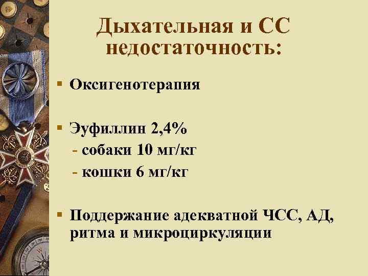 Дыхательная и СС недостаточность: Оксигенотерапия Эуфиллин 2, 4% - собаки 10 мг/кг - кошки