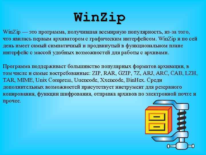 Win. Zip — это программа, получившая всемирную популярность, из-за того, что явилась первым архиватором
