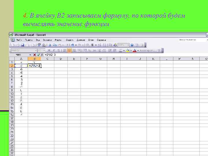 4. В ячейку В 2 записываем формулу, по которой будем вычислять значение функции 
