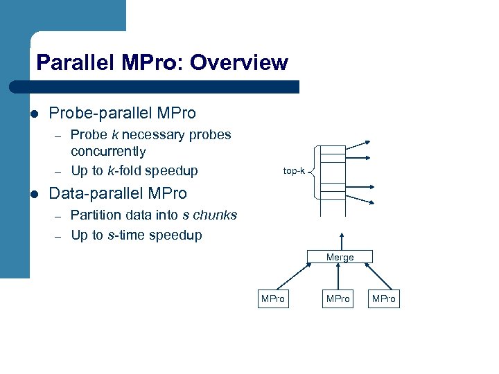 Parallel MPro: Overview l Probe-parallel MPro – – l Probe k necessary probes concurrently