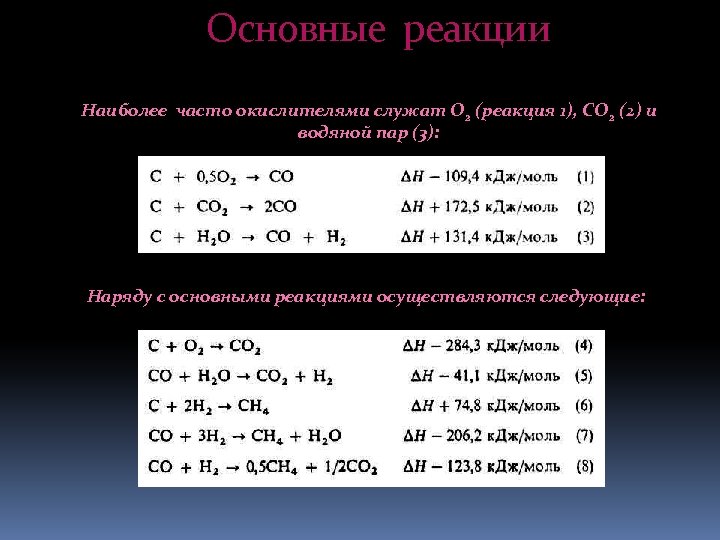 Основные реакции Наиболее часто окислителями служат О 2 (реакция 1), СО 2 (2) и