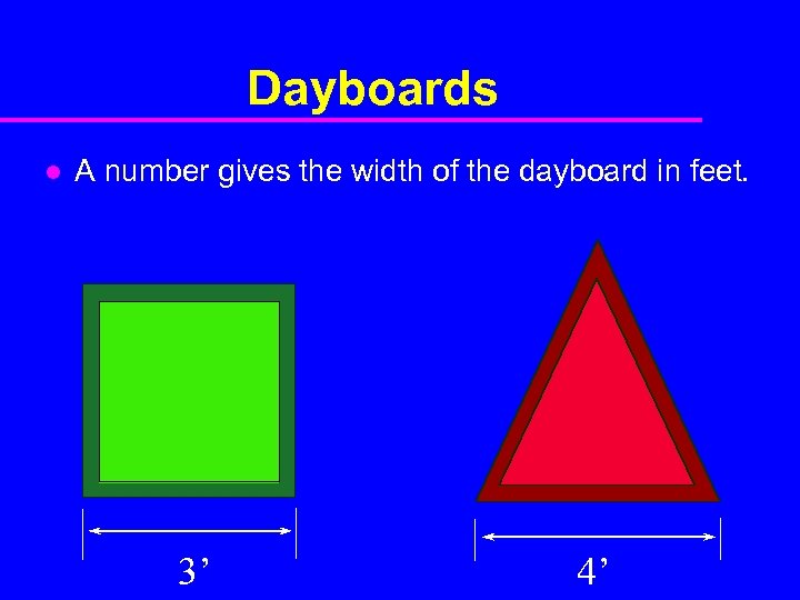 Dayboards l A number gives the width of the dayboard in feet. 3’ 4’