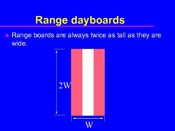 Range dayboards l Range boards are always twice as tall as they are wide.