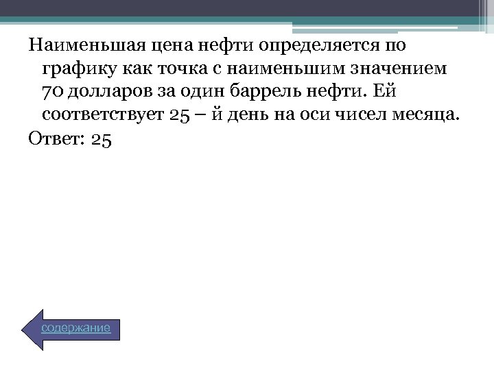 Наименьшая цена нефти определяется по графику как точка с наименьшим значением 70 долларов за