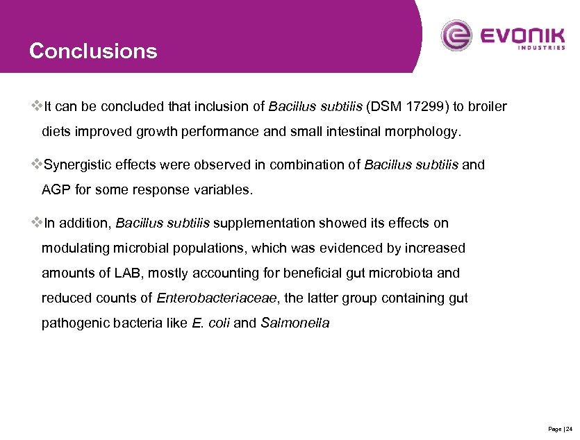 Conclusions v. It can be concluded that inclusion of Bacillus subtilis (DSM 17299) to