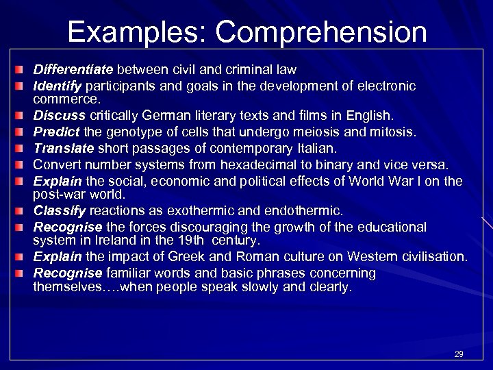 Examples: Comprehension Differentiate between civil and criminal law Identify participants and goals in the