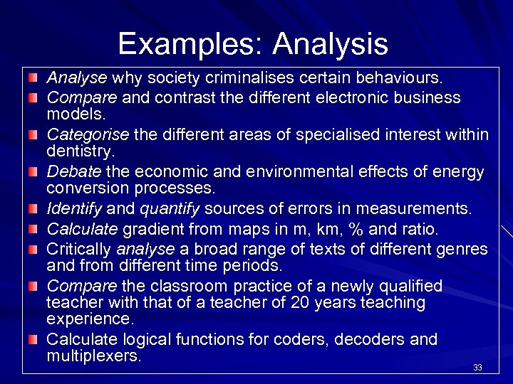 Examples: Analysis Analyse why society criminalises certain behaviours. Compare and contrast the different electronic