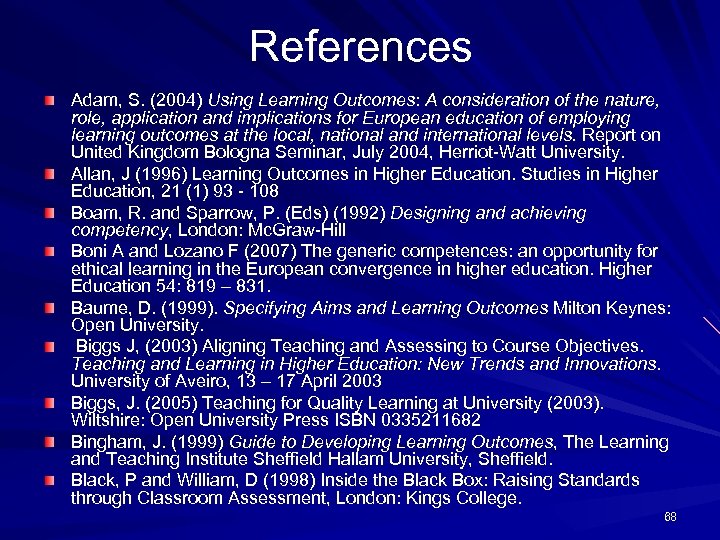 References Adam, S. (2004) Using Learning Outcomes: A consideration of the nature, role, application