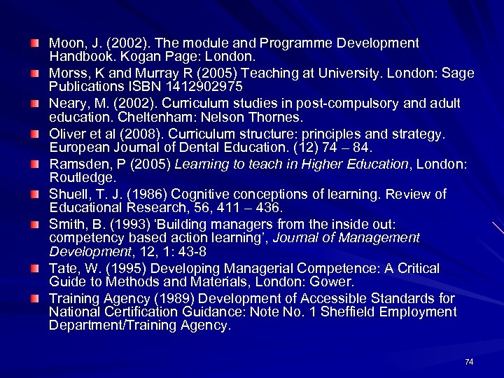 Moon, J. (2002). The module and Programme Development Handbook. Kogan Page: London. Morss, K