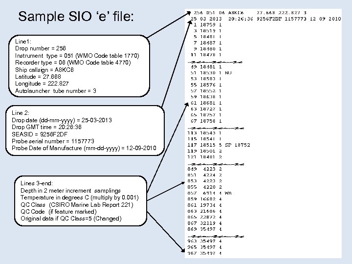 Sample SIO ‘e’ file: Line 1: Drop number = 256 Instrument type = 051