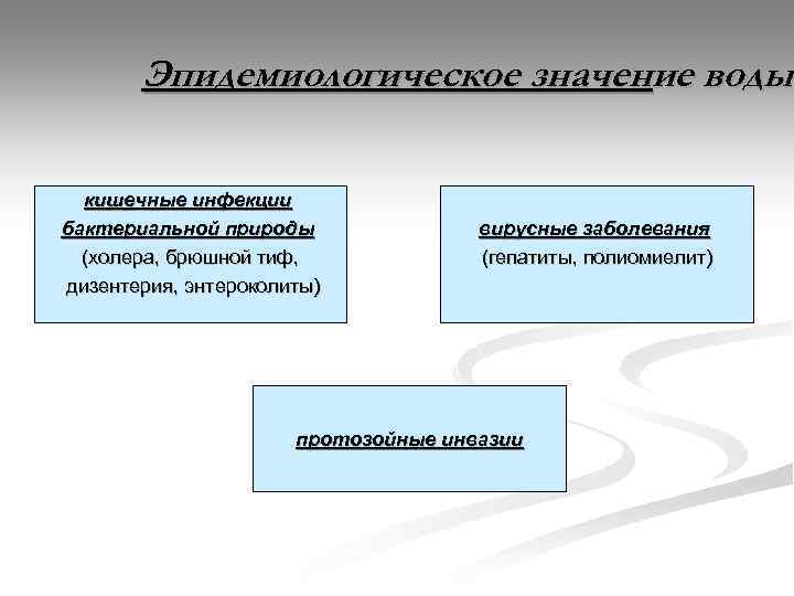 Эпидемиологическое значение воды кишечные инфекции бактериальной природы (холера, брюшной тиф, дизентерия, энтероколиты) вирусные заболевания
