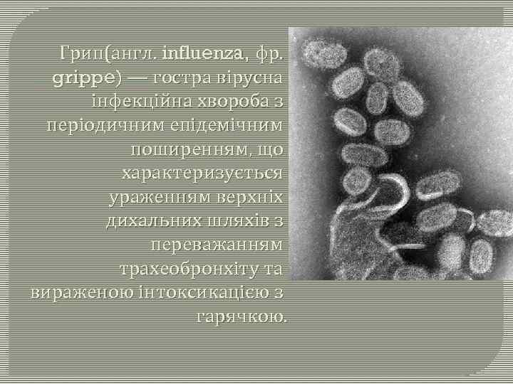 Грип(англ. influenza, фр. grippe) — гостра вірусна інфекційна хвороба з періодичним епідемічним поширенням, що