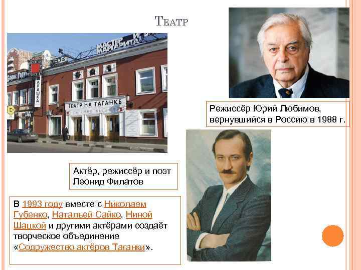 ТЕАТР Режиссёр Юрий Любимов, вернувшийся в Россию в 1988 г. Актёр, режиссёр и поэт
