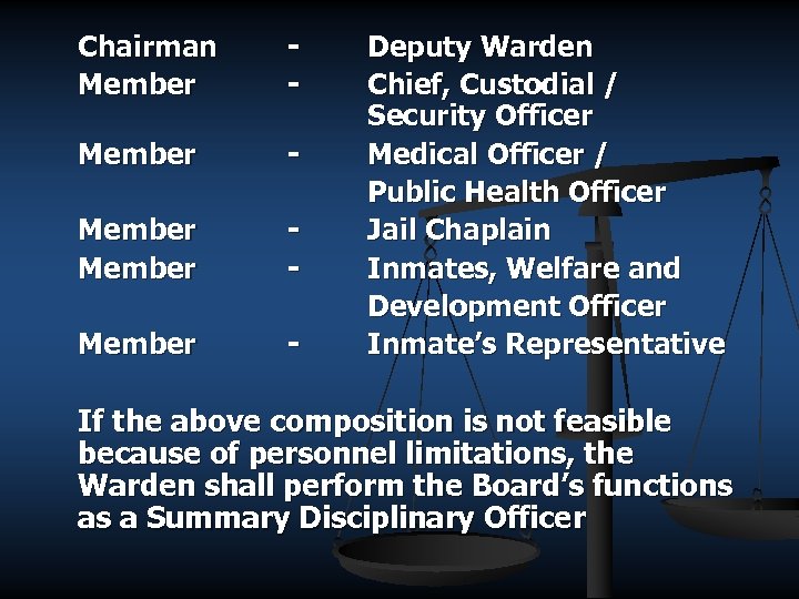 Chairman Member - Member - Deputy Warden Chief, Custodial / Security Officer Medical Officer